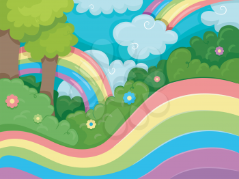 Illustration Featuring Rainbow Swirls Surrounding a Forest