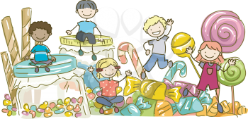 Illustration Featuring Kids Surrounded by All Types of Candies