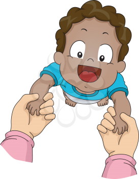 Illustration Featuring an African-American Baby Being Guided Through His First Steps
