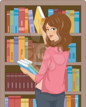 Illustration Featuring a Girl in a Library Selecting Books