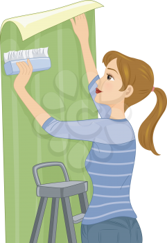 Illustration Featuring a Woman Installing Wallpaper on Her Wall