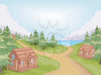 Illustration Featuring Log Cabins in a Village