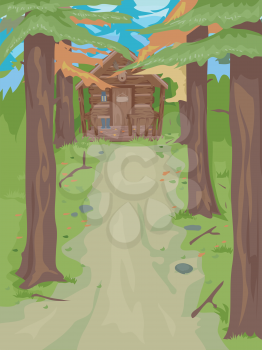 Illustration Featuring a Cabin in the Woods