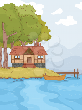 Illustration Featuring a Log Cabin by a Lake