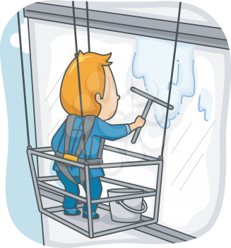 Illustration Featuring a Man Cleaning the Window of a High Rise Building