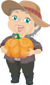 Illustration Featuring an Elderly Woman Proudly Holding a Pumpkin She Harvested