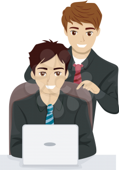 Illustration Featuring a Pair of Businessmen Checking Out a Laptop