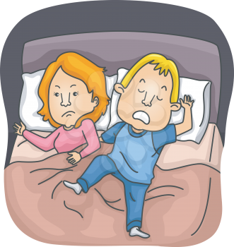 Illustration Featuring a Sleeping Husband Lying Beside an Irritated Wife