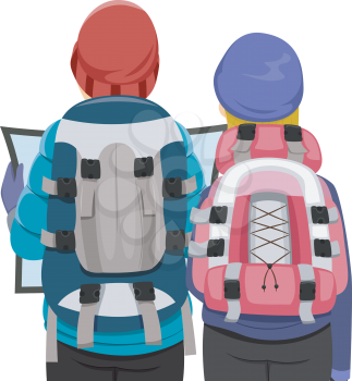 Illustration Featuring a Backpacking Couple Examining a Travel Map