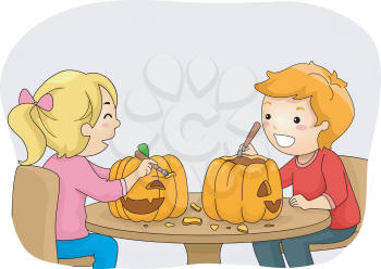 Illustration Featuring a Boy and a Girl Carving Pumpkins
