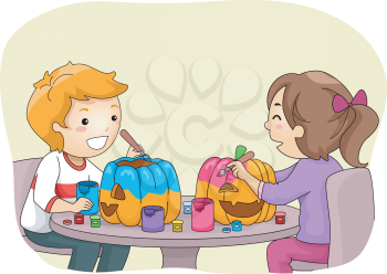Illustration Featuring a Boy and a Girl Painting Pumpkins