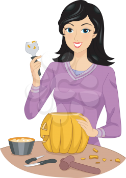 Illustration Featuring a Woman Carving a Pumpkin