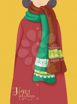 Illustration Featuring a Girl Wearing Christmas-Themed Scarves