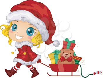 Illustration Featuring a Girl Pulling a Cart Full of Christmas Gifts