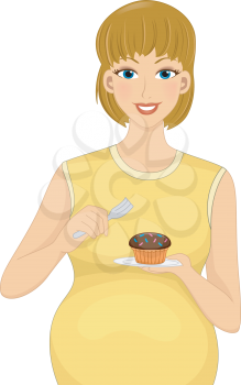 Illustration Featuring a Pregnant Caucasian Eating a Cupcake