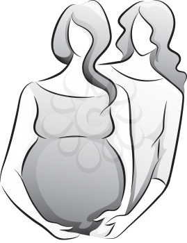 Black and White Illustration Featuring a Doula Assisting a Pregnant Woman