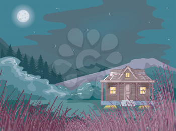 Illustration Featuring a Cabin in the Woods