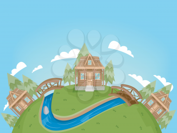 Illustration Featuring a Village Full of Log Cabins