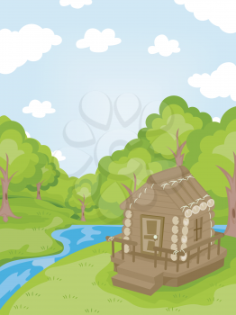 Illustration Featuring a Log Cabin Near a Stream