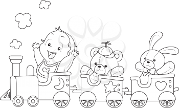Illustration of a Ready to Print Coloring Page Featuring a Baby Riding a Toy Train