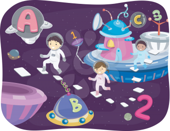 Illustration of Kids Walking Around the Outer Space