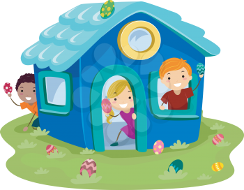 Illustration of Kids Hunting Easter Eggs in a Miniature House