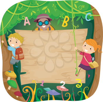 Illustration of Kids Climbing a Board in the Forest Surrounded by Vines