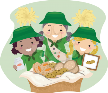 Illustration of Girl Scouts Selling Girl Scout Cookies