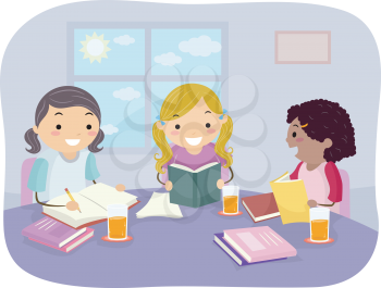 Illustration of Girls Studying Together in Their Home
