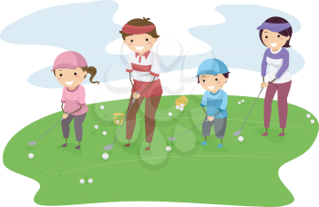 Illustration of a Family in a Golf Course Playing Golf Together