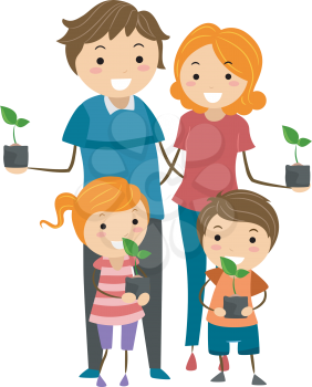 Illustration of Parents and Their Kids Holding Seedlings to Plant in Their Garden