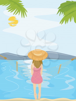 Illustration of a Teenage Girl Sitting on a Hammock by the Beach