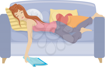 Illustration of a Teenage Girl Who Fell Asleep on the Couch While Studying