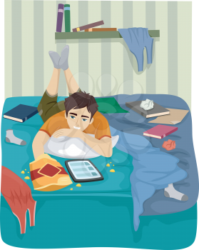 Illustration of a Teenage Boy Browsing the Internet on His Tablet in His Messy Room