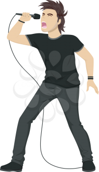 Illustration of a Teenage Boy in Black Clothing Singing a Rock Song