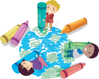 Illustration of Stickman Kids Using Crayons to Draw a Globe