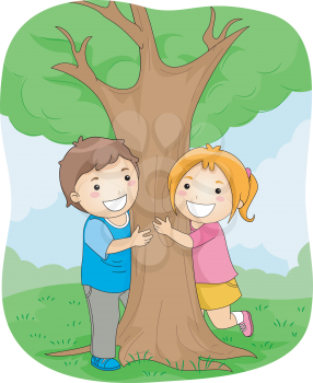 Illustration of a Boy and a Girl Hugging a Large Tree