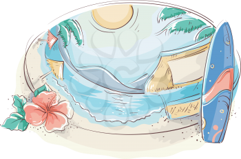 Illustration of a Tropical Beach With a Surfboard and a Hibiscus on the Side