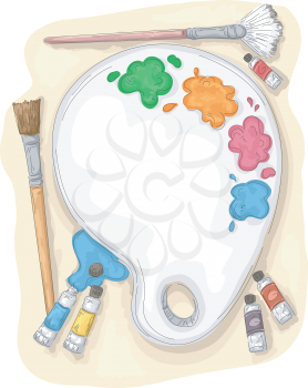 Illustration of a Paint Palette Surrounded by Paintbrushes and Tubes of Paint