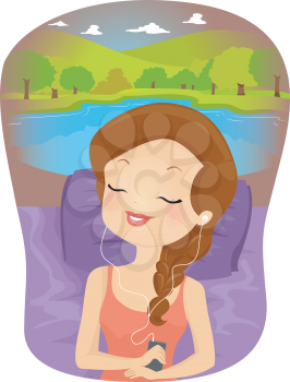 Illustration of a Woman Imagining a Relaxing Scene While Listening to Her Music Playe
