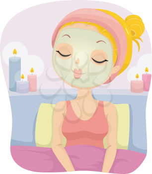 Illustration of a Girl Relaxing on a Bed While Wearing a Facial Mask
