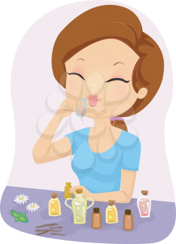 Illustration of a Girl Smelling a Bottle of Essential Oil