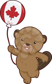Mascot Illustration of a Beaver Holding a Balloon Marked With the Canadian Flag