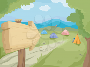Illustration of a Wooden Sign Pointing to a Camp Filled With Camping Tents