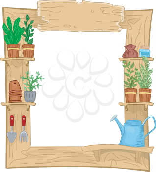 Frame Illustration of Plants and Gardening Materials Lined Up on a Shelf
