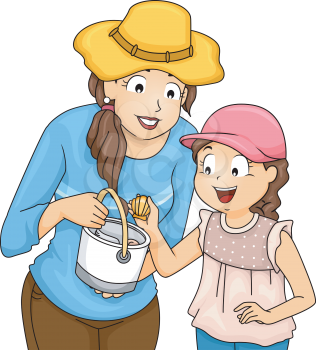 Illustration of a Mother and Daughter Picking Shells