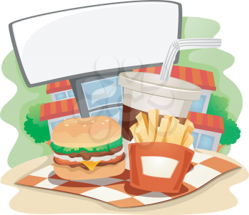 Illustration of a Typical Fast Food Meal With a Blank Sign Behind