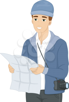 Illustration of a Male Tourist Using a Map for Reference