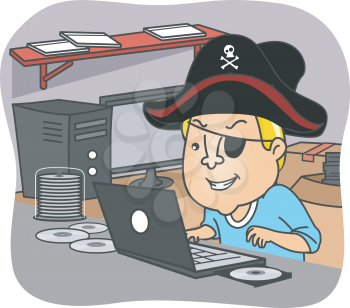 Illustration of a Man Wearing a Pirate Hat Illegal Downloading Files from the Internet