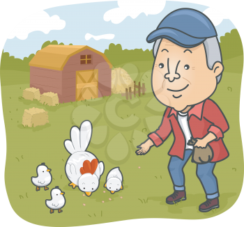 Illustration of a Senior Citizen Feeding Chickens in a Farm